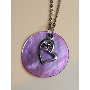 ICING Signed Pink Abalone Shell Necklace Heart Charm‎ w Pink Crystal FREE SHIP!